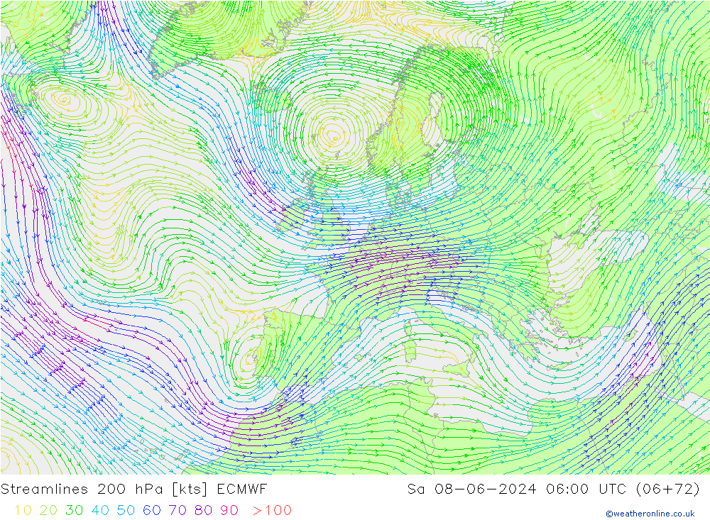 Linea di flusso 200 hPa ECMWF sab 08.06.2024 06 UTC