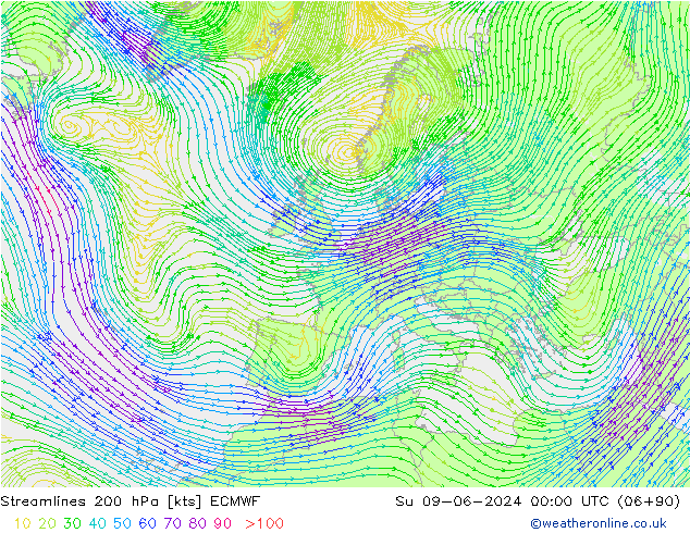 Streamlines 200 hPa ECMWF Su 09.06.2024 00 UTC