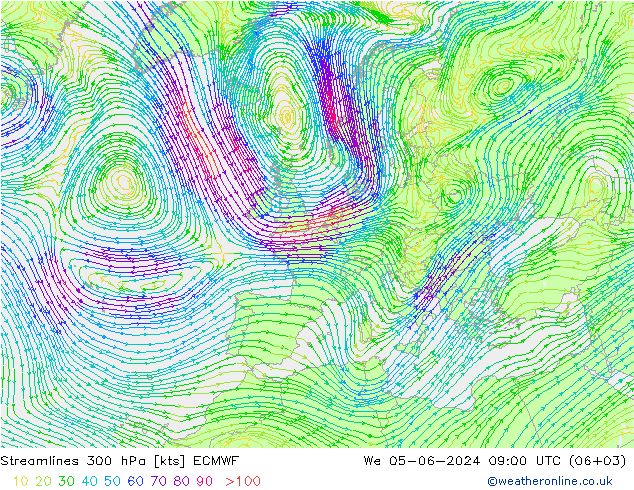 Streamlines 300 hPa ECMWF We 05.06.2024 09 UTC