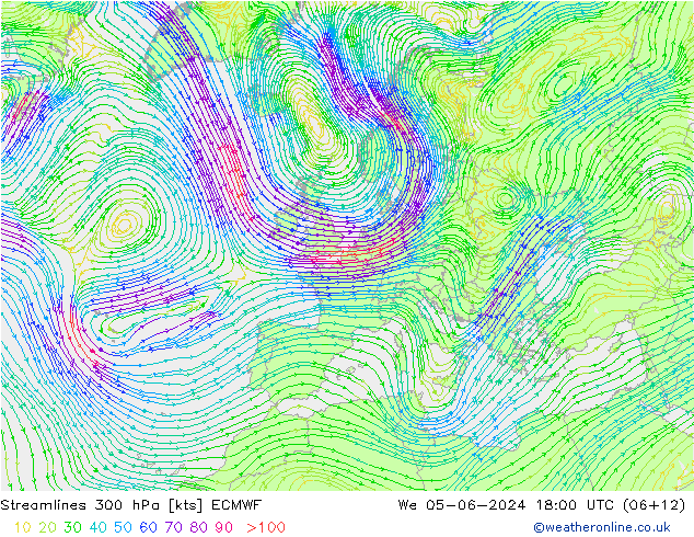 Stromlinien 300 hPa ECMWF Mi 05.06.2024 18 UTC