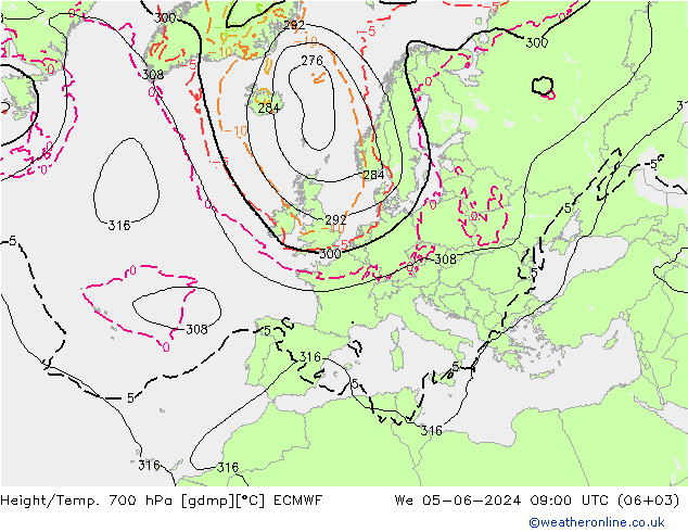 Height/Temp. 700 hPa ECMWF Mi 05.06.2024 09 UTC