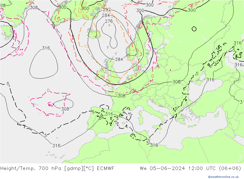 Geop./Temp. 700 hPa ECMWF mié 05.06.2024 12 UTC