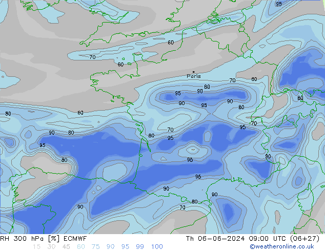 Humidité rel. 300 hPa ECMWF jeu 06.06.2024 09 UTC