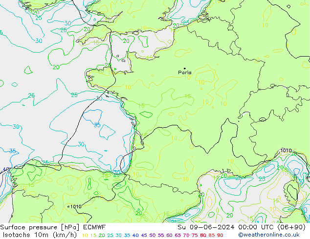 Isotachen (km/h) ECMWF zo 09.06.2024 00 UTC