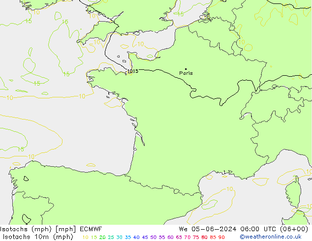 Isotachs (mph) ECMWF Qua 05.06.2024 06 UTC