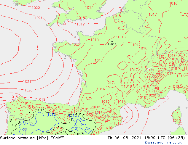 Presión superficial ECMWF jue 06.06.2024 15 UTC