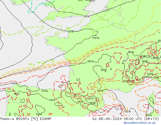 Theta-e 850hPa ECMWF Sáb 08.06.2024 06 UTC