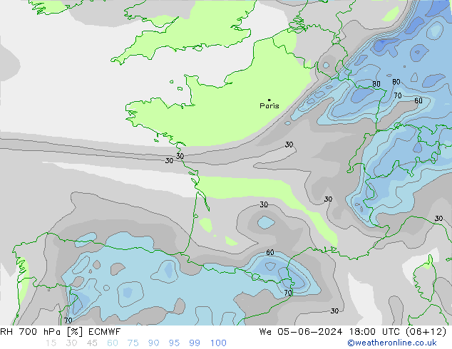 RH 700 hPa ECMWF mer 05.06.2024 18 UTC