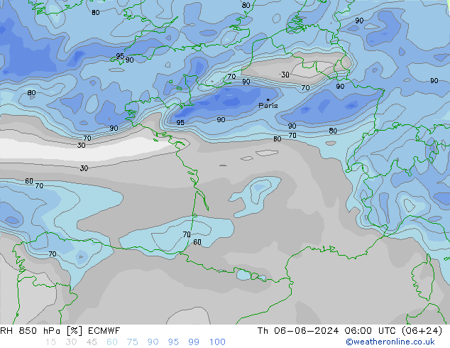 RH 850 hPa ECMWF gio 06.06.2024 06 UTC