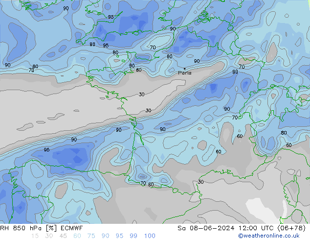 RH 850 hPa ECMWF so. 08.06.2024 12 UTC