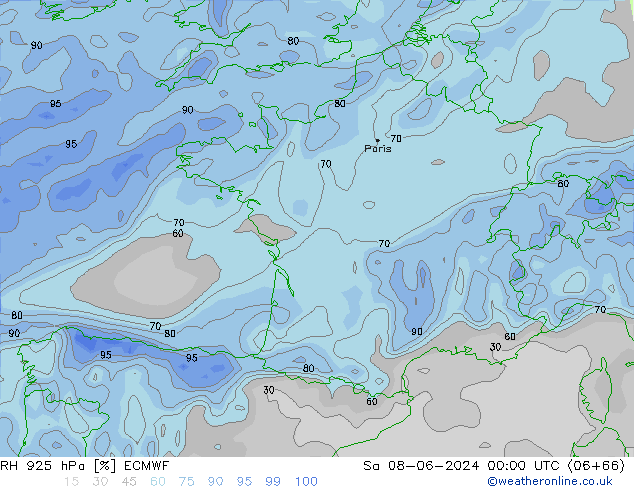 Humidité rel. 925 hPa ECMWF sam 08.06.2024 00 UTC