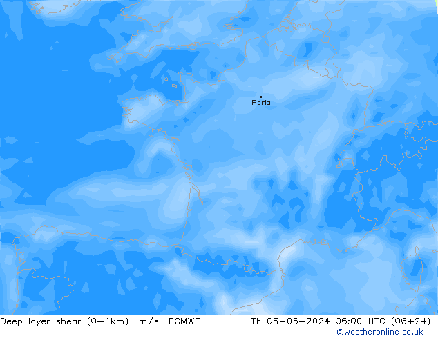 Deep layer shear (0-1km) ECMWF чт 06.06.2024 06 UTC