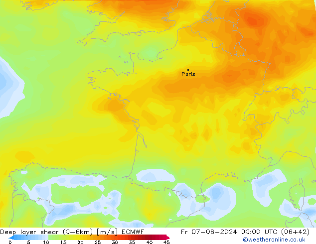 Deep layer shear (0-6km) ECMWF Pá 07.06.2024 00 UTC