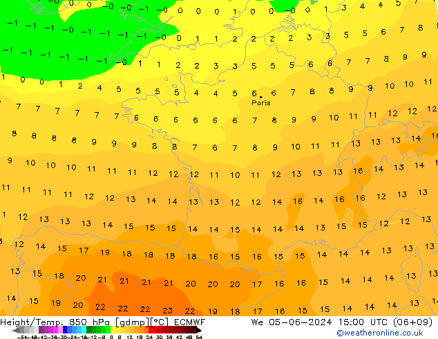 Geop./Temp. 850 hPa ECMWF mié 05.06.2024 15 UTC