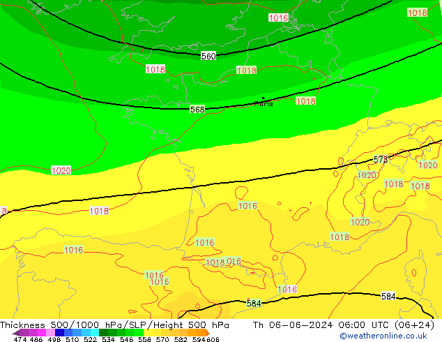 Espesor 500-1000 hPa ECMWF jue 06.06.2024 06 UTC