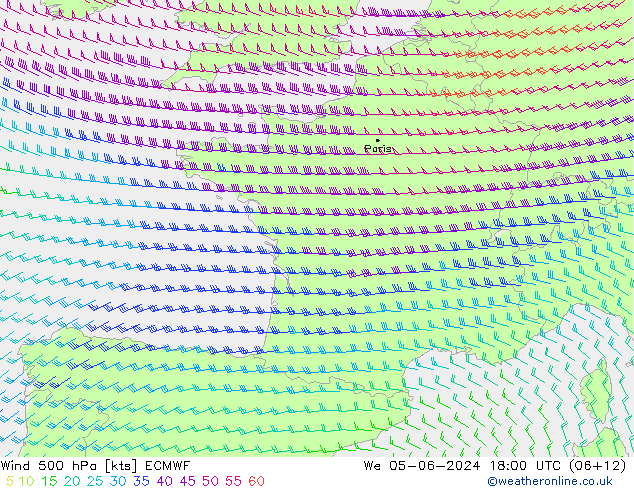 Vento 500 hPa ECMWF mer 05.06.2024 18 UTC