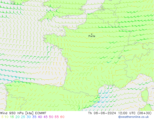 Rüzgar 950 hPa ECMWF Per 06.06.2024 12 UTC