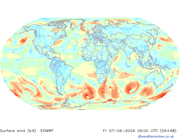 Viento 10 m (bft) ECMWF vie 07.06.2024 06 UTC