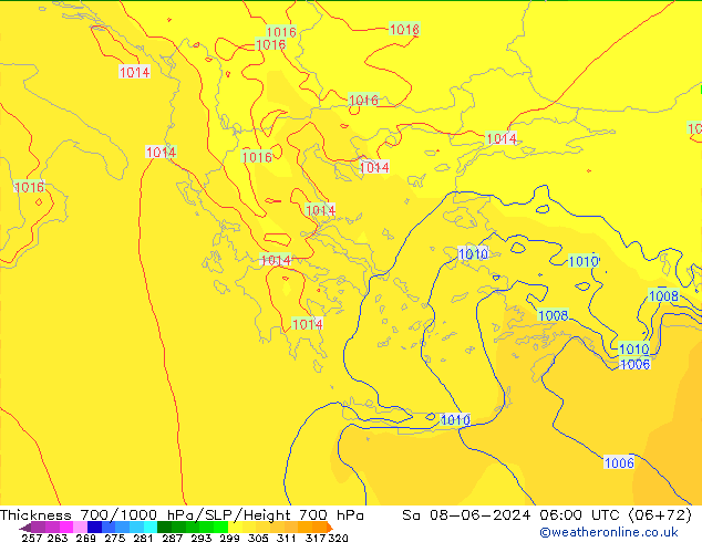 Thck 700-1000 гПа ECMWF сб 08.06.2024 06 UTC