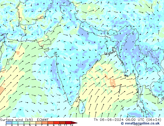 ве�Bе�@ 10 m (bft) ECMWF чт 06.06.2024 06 UTC