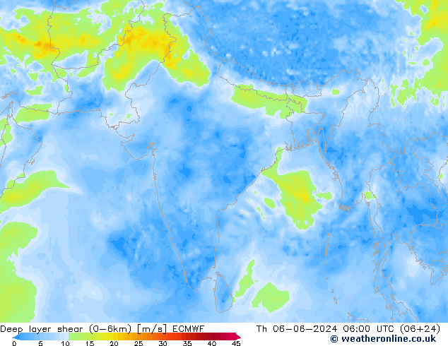 Deep layer shear (0-6km) ECMWF Th 06.06.2024 06 UTC