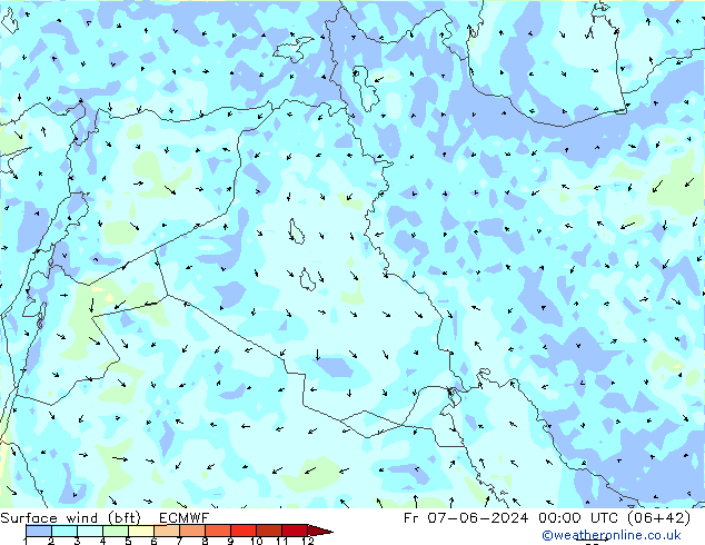 Viento 10 m (bft) ECMWF vie 07.06.2024 00 UTC