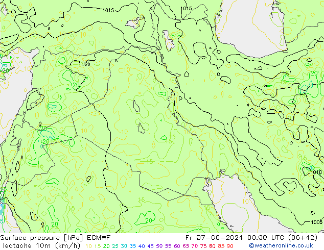 Isotachen (km/h) ECMWF vr 07.06.2024 00 UTC