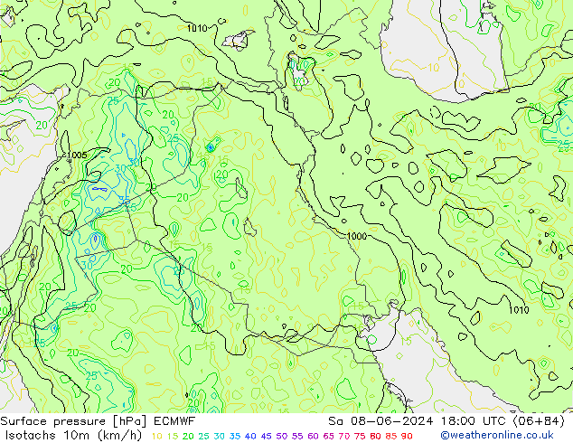 Isotaca (kph) ECMWF sáb 08.06.2024 18 UTC