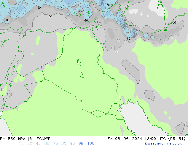 Humedad rel. 850hPa ECMWF sáb 08.06.2024 18 UTC