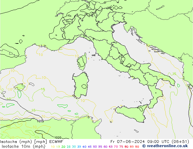 Isotachs (mph) ECMWF пт 07.06.2024 09 UTC