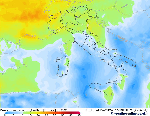 Deep layer shear (0-6km) ECMWF czw. 06.06.2024 15 UTC