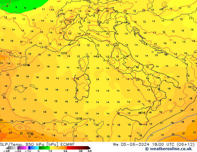 850 hPa Yer Bas./Sıc ECMWF Çar 05.06.2024 18 UTC