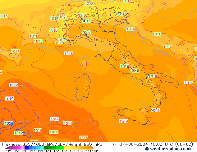 Dikte 850-1000 hPa ECMWF vr 07.06.2024 18 UTC