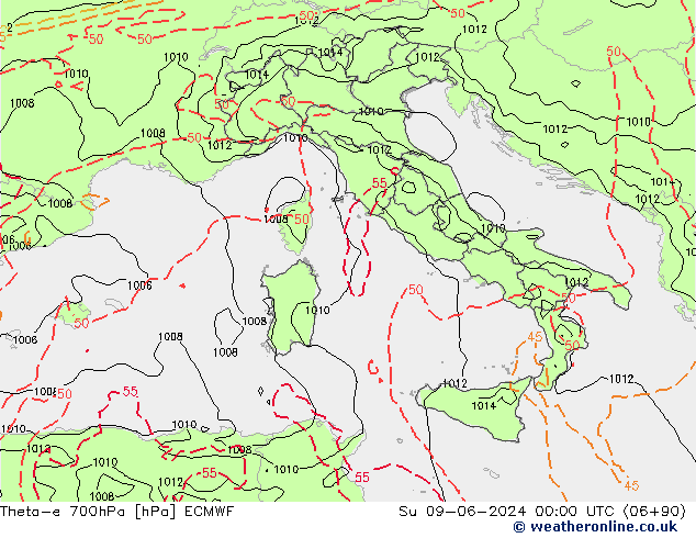 Theta-e 700hPa ECMWF dim 09.06.2024 00 UTC