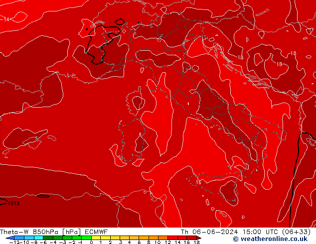 Theta-W 850hPa ECMWF Čt 06.06.2024 15 UTC