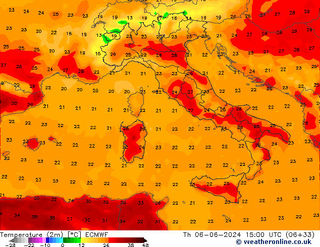 Temperatura (2m) ECMWF gio 06.06.2024 15 UTC