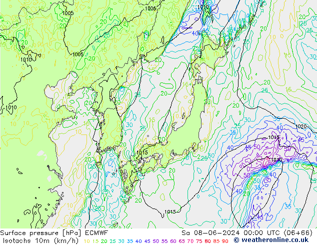 Isotachs (kph) ECMWF сб 08.06.2024 00 UTC