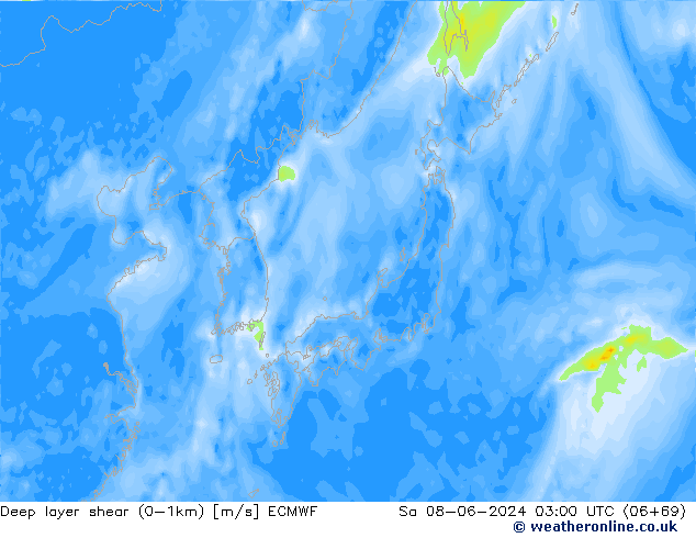 Deep layer shear (0-1km) ECMWF Cts 08.06.2024 03 UTC