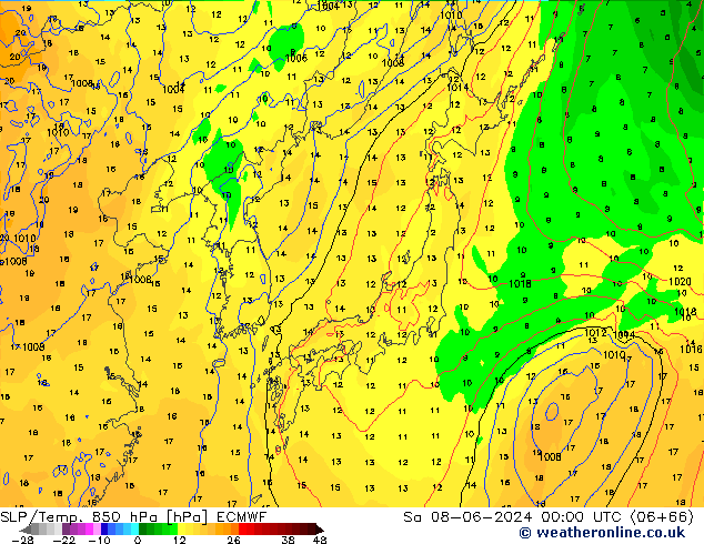 SLP/Temp. 850 hPa ECMWF Sa 08.06.2024 00 UTC