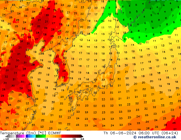 Temperatuurkaart (2m) ECMWF do 06.06.2024 06 UTC