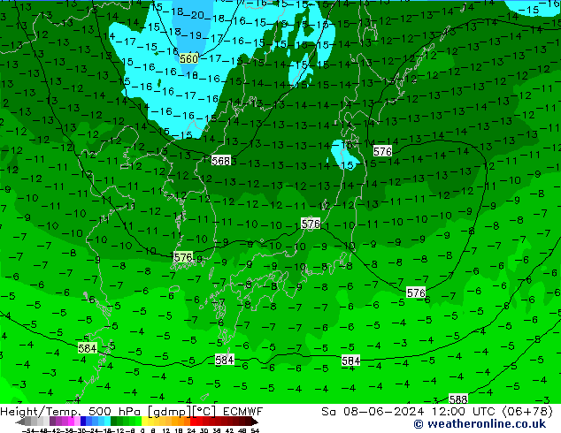 Height/Temp. 500 hPa ECMWF Sa 08.06.2024 12 UTC