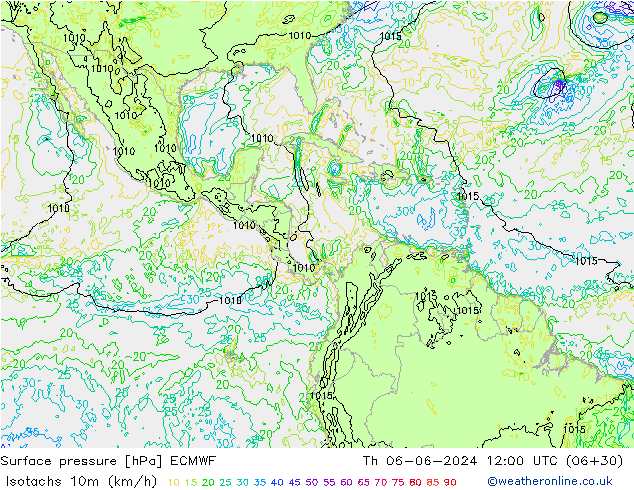 Isotachs (kph) ECMWF Th 06.06.2024 12 UTC