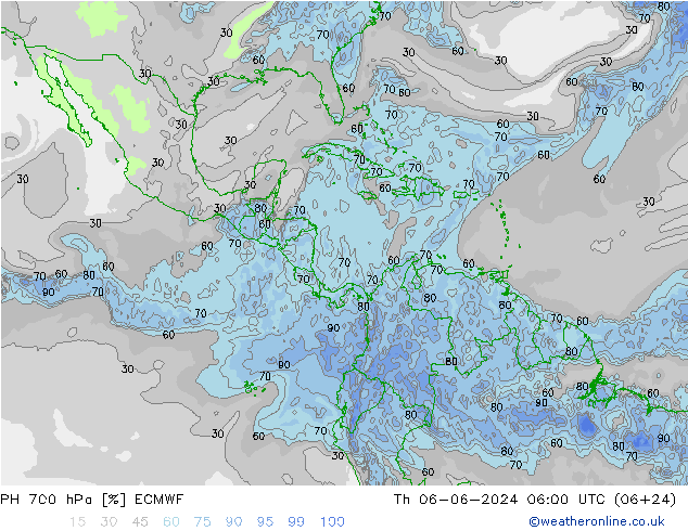 RH 700 hPa ECMWF czw. 06.06.2024 06 UTC