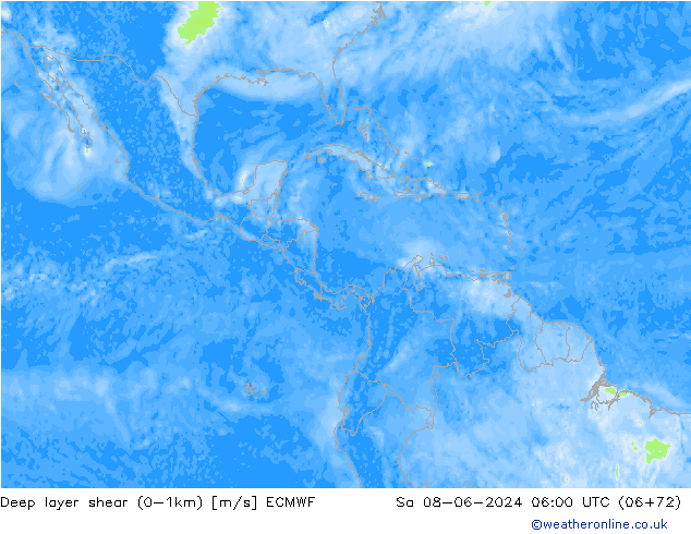 Deep layer shear (0-1km) ECMWF  08.06.2024 06 UTC