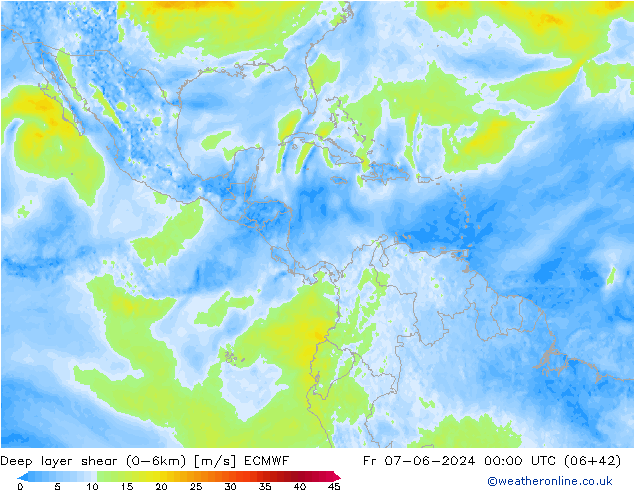 Deep layer shear (0-6km) ECMWF Sex 07.06.2024 00 UTC