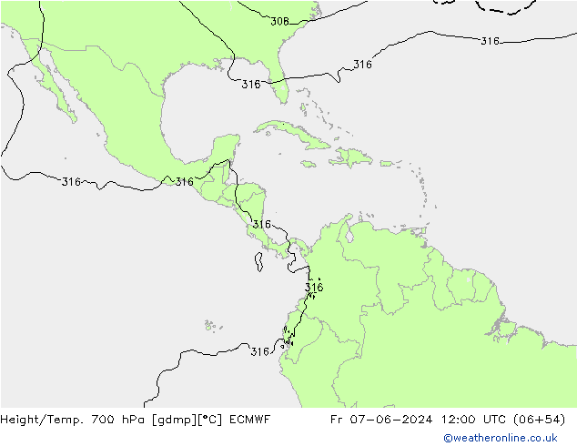 Hoogte/Temp. 700 hPa ECMWF vr 07.06.2024 12 UTC