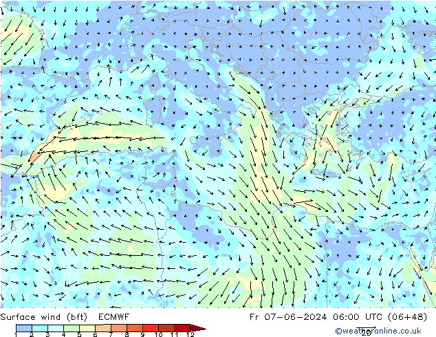 Surface wind (bft) ECMWF Fr 07.06.2024 06 UTC