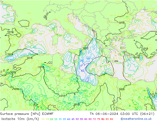 Isotaca (kph) ECMWF jue 06.06.2024 03 UTC