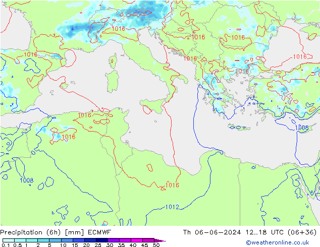 Totale neerslag (6h) ECMWF do 06.06.2024 18 UTC