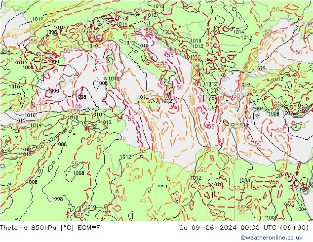 Theta-e 850hPa ECMWF zo 09.06.2024 00 UTC